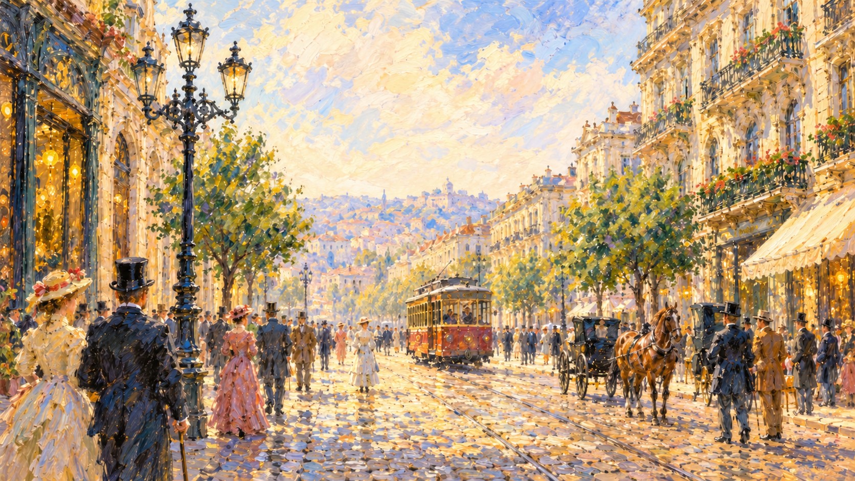 Pintura impressionista de uma rua histórica, com bondes e carruagens